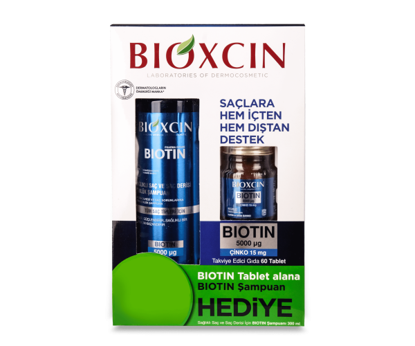 Биоксин Биотин 5000 мкг 60 таблеток и шампунь с биотином 300 мл Bioxcin Biotin 5000 